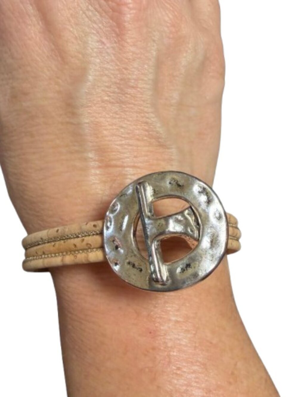 Cork Cord Bracelet with Silver Tone Horse Bit Clasp